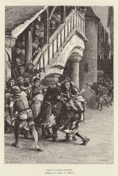 Tod von Jacques Artevelde. Tod des flämischen Kaufmanns und politischen Führers Jacob van Artevelde durch die Hand eines Mobs, Gent von Charles Edouard Delort