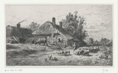 Hirte mit Herde auf einem Weg an einem Bauernhof vorbei von Charles Emile Jacque