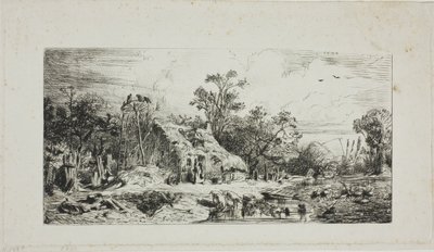 Landschaft mit strohgedeckten Hütten von Charles Emile Jacque