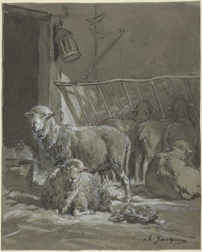 Schafe an einer Futterkrippe von Charles Emile Jacque