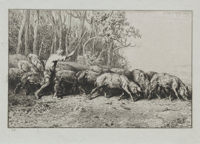 Schweineherde verlässt einen Wald von Charles Emile Jacque