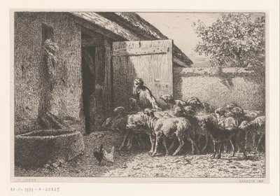 Frau, die Schafe in den Stall führt von Charles Emile Jacque