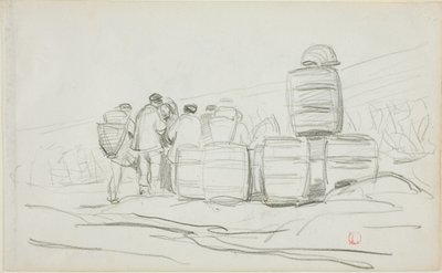 Studie einer Gruppe von Menschen mit Fässern (recto); Zwei Studien einer Frau beim Ährenlesen (verso) von Charles Francois Daubigny