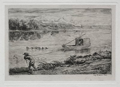 Die Bootsfahrt: Schiffsjunge zieht das Schleppseil oder zieht am Seil, 1861 von Charles Francois Daubigny