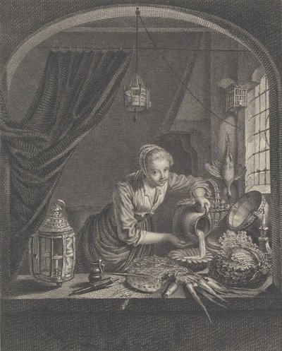 Milchmädchen nach dem Gemälde von G. Dou im Kabinett von Herrn Poullain, Mitte des 17. Jahrhunderts von Charles François Adrien Macret