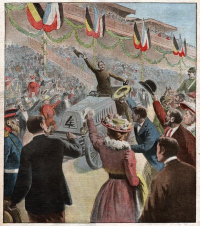 Ankunft des Paris-Berlin-Rennens in Berlin: Sieger Henry Fournier von Charles Gaston Yrondy