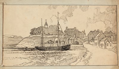 Ein Segelboot am Strand bei Ebbe, an einem Weg, der zu einem Dorf führt von Charles George Harper