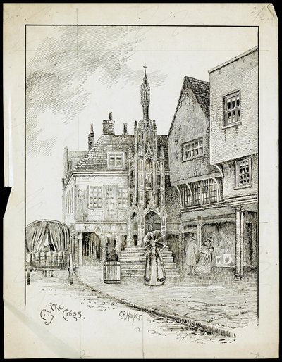Ein Blick von Nordwesten auf das Butterkreuz, High Street, Winchester, Hampshire (Feder & Tinte auf Papier) von Charles George Harper