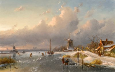 Eine Winterlandschaft mit Windmühlen und Schlittschuhläufern auf einem zugefrorenen Wasserweg, 1840er-50er Jahre von Charles Henri Joseph Leickert