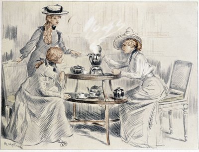 Damen trinken Tee um einen kleinen Samowar - Zeichnung von Henri Tenré, ca. 1910 von Charles Henry Tenre