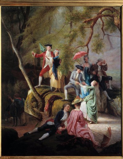 Ländliche Unterhaltung Galante Szene während eines Spaziergangs von Adligen. Gemälde von Charles Gustave Housez (1822-1880) 19. Jahrhundert. Private Sammlung von Charles Housez