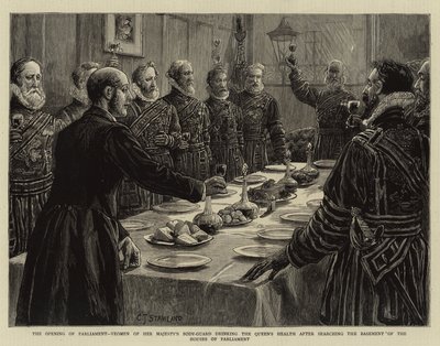 Die Eröffnung des Parlaments, Yeomen der Leibgarde Ihrer Majestät trinken auf die Gesundheit der Königin nach der Durchsuchung des Kellers des Parlamentsgebäudes von Charles J. Staniland