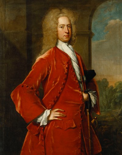 Porträt von Oberst William Forward, M.P., Dreiviertellänge, in rotem Mantel und Weste und weißem Halstuch, bei einem Steinbogen, eine Landschaft dahinter von Charles Jervas
