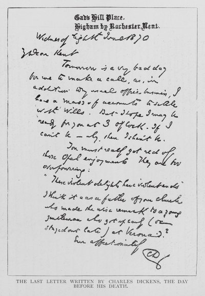 Letzter Brief von Charles Dickens vor seinem Tod (Gravur) von Charles John Huffam Dickens