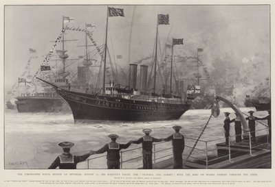 Die Krönungsflottenparade in Spithead, 16. August, die Yacht Seiner Majestät, die Victoria und Albert, mit dem König an Bord, passiert die Linien von Charles John de Lacy