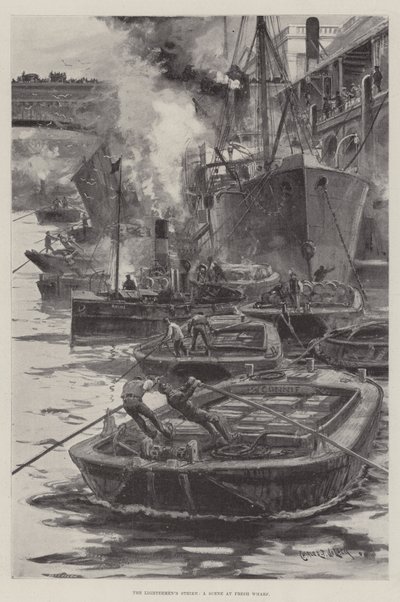 Der Streik der Leichterleute, eine Szene am Fresh Wharf von Charles John de Lacy