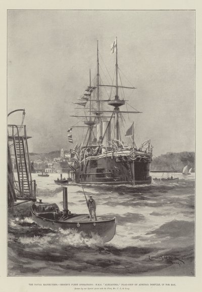 Die Marine-Manöver, Reserveflottenoperationen, HMS Alexandra, Flaggschiff von Admiral Domvile, in der Tor Bay von Charles John de Lacy