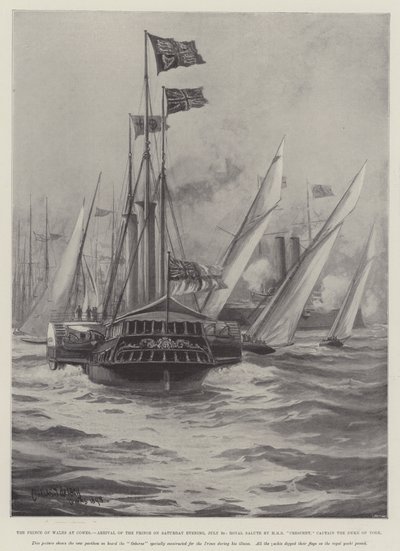 Der Prinz von Wales in Cowes, Ankunft des Prinzen am Samstagabend, 30. Juli, königlicher Salut durch HMS Crescent, Kapitän der Herzog von York von Charles John de Lacy