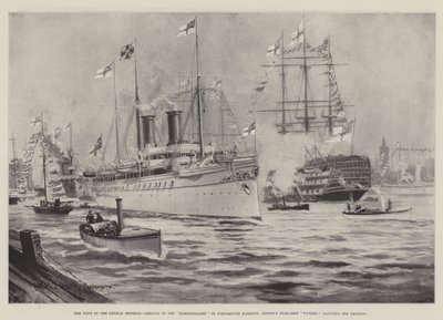 Der Besuch des deutschen Kaisers, Ankunft der Hohenzollern im Hafen von Portsmouth, Nelsons Flaggschiff Victory salutiert den Kaiser von Charles John de Lacy