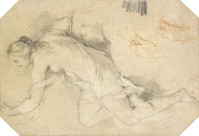Eine nackte junge Frau, die im Profil nach links sitzt, ihren linken Arm erhebt, und zwei Nebenstudien ihrer linken Hand von Charles Joseph Natoire