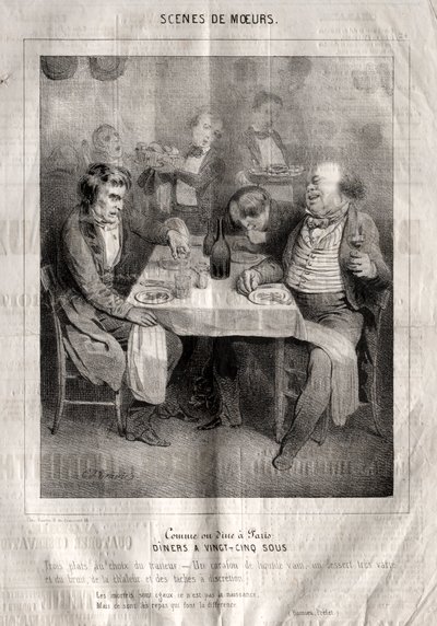 Szenen der Sitten: Wie man in Paris speist. Abendessen für fünfundzwanzig Sous. Drei Gerichte nach Wahl des Wirts... von Charles Joseph Traviès de Villers