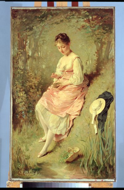 Junges Mädchen mit einem Nest, späte 1860er Jahre von Charles Joshua Chaplin