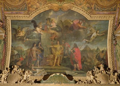 König Ludwig XIV. (1638-1715) gibt den Befehl, gleichzeitig vier der stärksten niederländischen Positionen anzugreifen, Deckenmalerei aus der Galerie des Glaces von Charles Le Brun