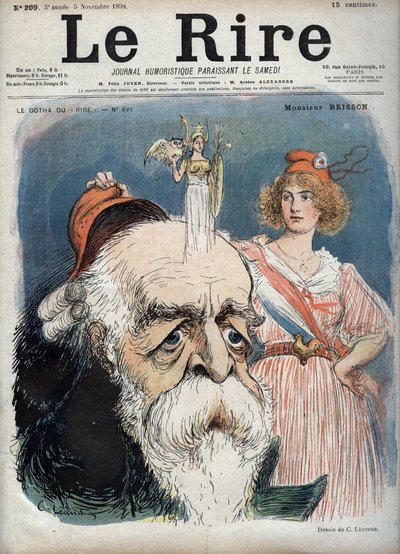 Eugène Henri Brisson (1835-1912), französischer Anwalt, Journalist und Politiker - Marianne hebt eine rote Kappe von Bressons Kopf und aus ihrem Kopf scheint die Göttin Athena mit allen Attributen zu steigen - Karikatur von Charles Leandre (1862-1934) in „ von Charles Leandre