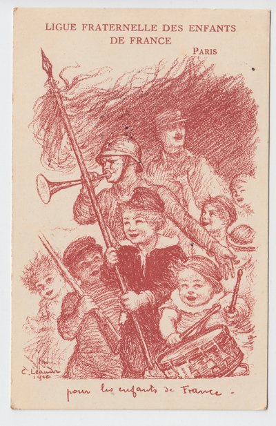 Postkarte, Satirische in Farben: Ligue fraternelle des enfants de France - Krieg von 14-18, Kindheit, Patriotische Tage Illustration von Charles Leandre (1862-1934) von Charles Leandre