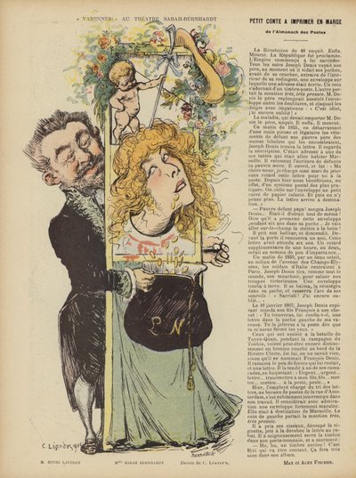 Aufführung von Henri Lavetans Stück Varennes im Théâtre Sarah Bernhardt. Illustration für Le Rire von Charles Leandre