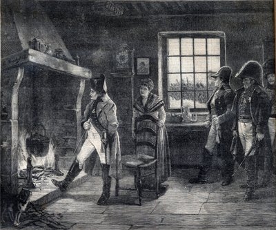 Kaiser Napoleon I. wärmt sich an einem Holzfeuer in einer Schneelandschaft - Napoleon nach der Schlacht von Waterloo im Jahr 1814 - Gravur nach dem Gemälde von Charles Louis Kratke (1848-1921) von Charles Louis Kratke