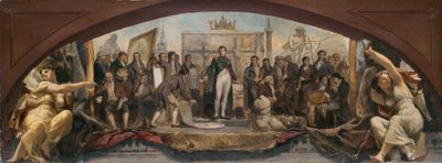 Skizze für den Denon-Pavillon im Louvre: Die vier künstlerischen Zeitalter Frankreichs - Präsentation der Pläne an Napoleon, ca. 1864 von Charles Louis Lucien Muller