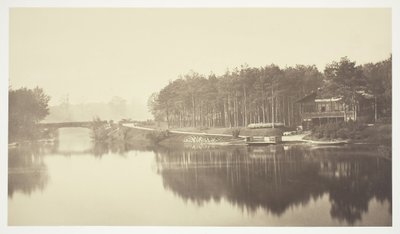 Ohne Titel [Brücke und Chalet im Bois de Boulogne, ein Park in Paris] von Charles Marville
