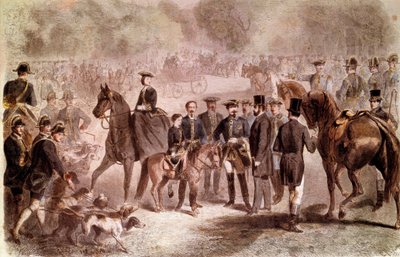 Napoleon III.: Die Jagdverabredung am Königsbrunnen nahe dem Wald von Compiègne während des Aufenthalts von König Wilhelm III. (1817-1890). Kolorierte Gravur von C. Maurand und G. Janet nach Fortris, veröffentlicht in „Le Monde illustré“ am 26.10.1861 von Charles Maurand