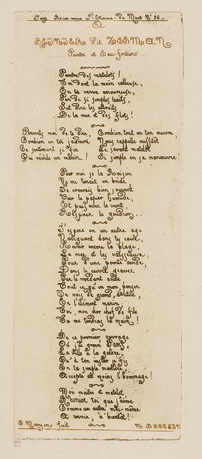 Widmungsverse von Meryon an Reinier Nooms, genannt Zeeman von Charles Meryon