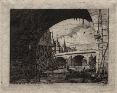 Radierungen von Paris: Ein Bogen der Notre-Dame-Brücke von Charles Meryon