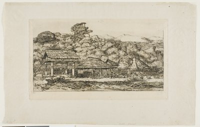 Einheimische Scheunen und Hütten in Akaroa, Banks-Halbinsel, 1845 von Charles Meryon