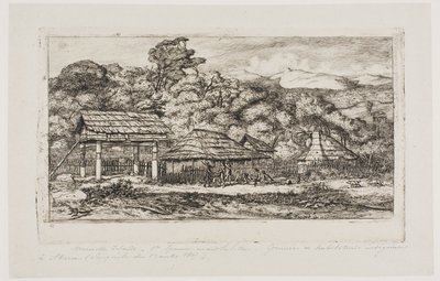 Einheimische Scheunen und Hütten in Akaroa, Banks-Halbinsel, 1845 von Charles Meryon