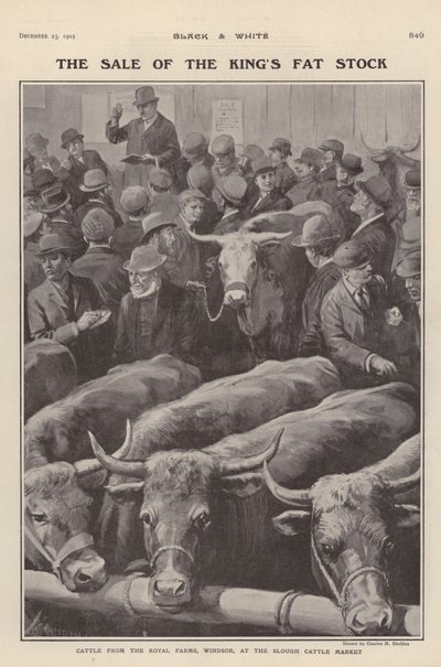 Vieh von den königlichen Höfen in Windsor zum Verkauf auf dem Viehmarkt in Slough, Berkshire von Charles Mills (after) Sheldon
