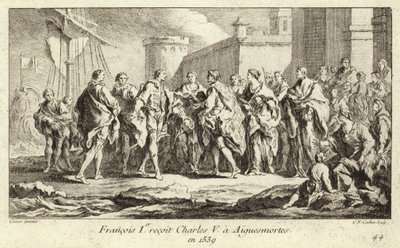 König Franz I. von Frankreich empfängt Kaiser Karl V. in Aigues-Mortes von Charles Nicolas II Cochin