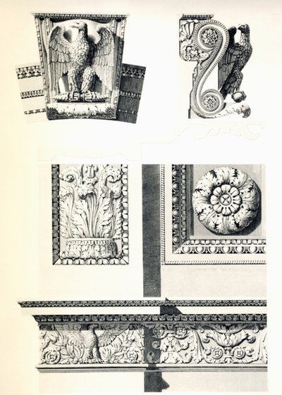 Dekoration mit Adlern, Rosetten und Akanthusblättern für den Arc de Triomphe du Carrousel, von Charles Percier (1764-1838) und Pierre Francois Leonard Fontaine (1762-1853), Gravur von Louis Pierre Baltard (1764-1846), Detail, Frankreich von Charles Percier