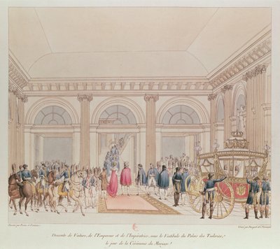 Der Abstieg des Kaisers und der Kaiserin aus der Kutsche unter dem Vestibül des Tuilerienpalastes am Tag ihrer Hochzeit (Farbstich) von Charles Percier