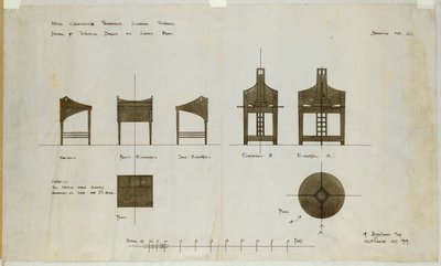 Entwürfe für Schreibtische in Vorder- und Seitenansicht, für die Ingram Street Tea Rooms, 1909 von Charles Rennie Mackintosh