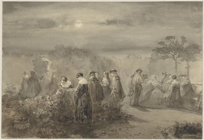 Gesellschaft von Damen und Herren in einem mondbeschienenen Hof mit Rosensträuchern von Charles Rochussen