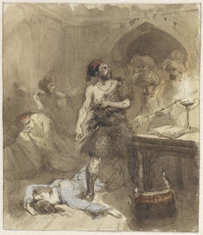 Mann und auf dem Boden liegende Frau in einem maurischen Raum von Charles Rochussen