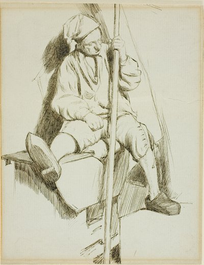 Mann sitzt, hält Stab in der linken Hand von Charles Samuel Keene