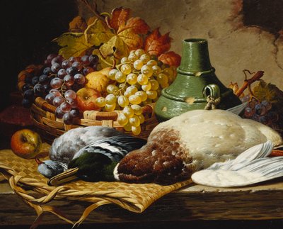 Eine Stockente und eine Ringeltaube mit einem Korb Äpfel und Trauben auf einem Holzvorsprung von Charles Thomas Bale