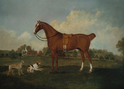 Ein brauner Jäger mit zwei Hunden in einer Landschaft, mit einem Herrenhaus im Hintergrund von Charles Towne