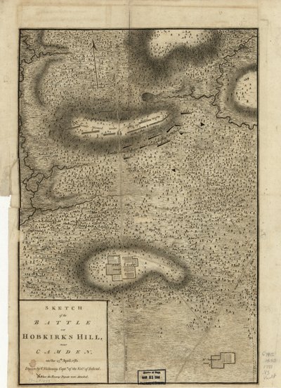 Skizze der Schlacht von Hobkirks Hill, nahe Camden, am 25. April 1781, veröffentlicht in London, 1794 von Charles Vallancey