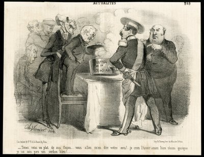 Illustration von Charles Vernier (? -1887) in Le Charivari, circa 1851-11 - Erinnerung an das Gesetz vom 31. Mai 1850 - Wahlen, Präsident der Republik, Größe, Gesetz, Wahlrecht - Thiers Adolphe, Napoleon III, Dupin Andre-Marie genannt Dupin aine (1783-1865 von Charles Vernier